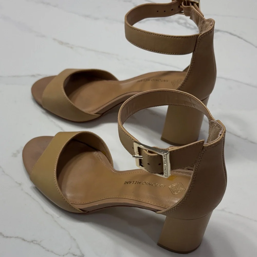 ANTONIO MELANI Tan Block Heel Sandals with Ankle Strap and Buckle